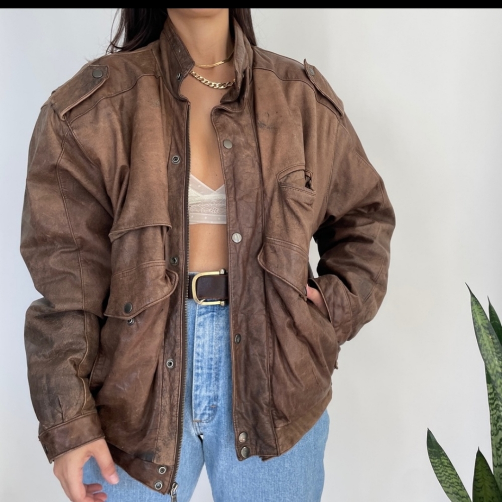 Vintage Oversized Leather Bomber Moto Jacket XL